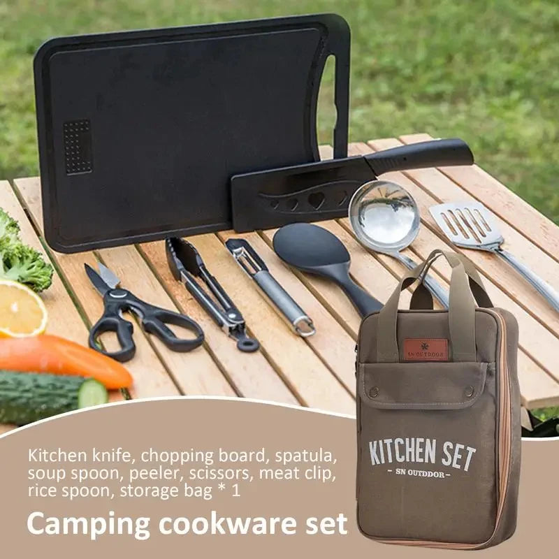 8pcs Camping Kitchen Cookware Set – Portable Outdoor Stainless Steel Cooking & Grilling Set