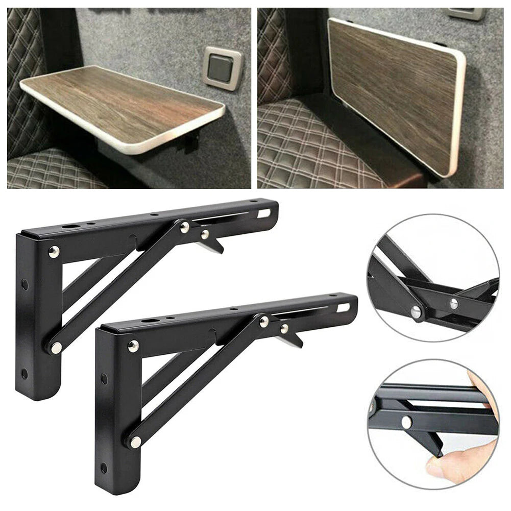 2PCS Black Folding Brackets – Space-Saving Table & Shelf Supports for RVs & Campers