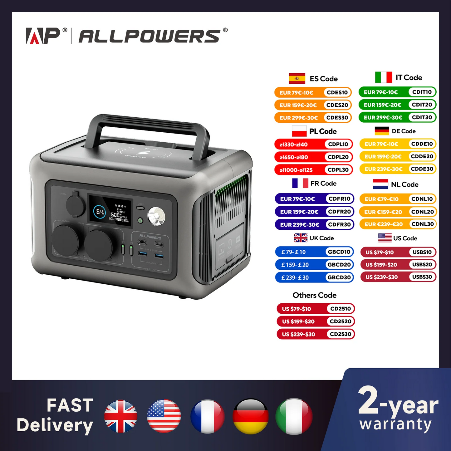 ALLPOWERS Portable Power Station R600, 299Wh LiFeP04 Battery with 2x 600W (1200W Surge) AC Outlets for Outdoor Camping RV Home